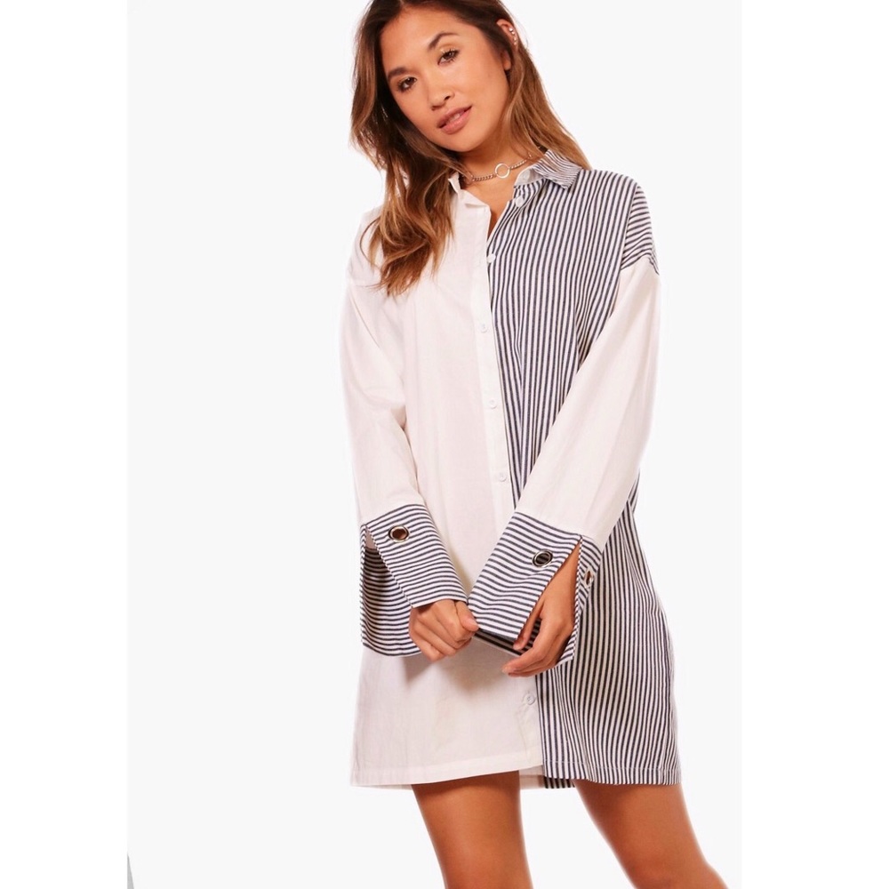 Stripe Mix Eyelet Cuff Shirt Dress